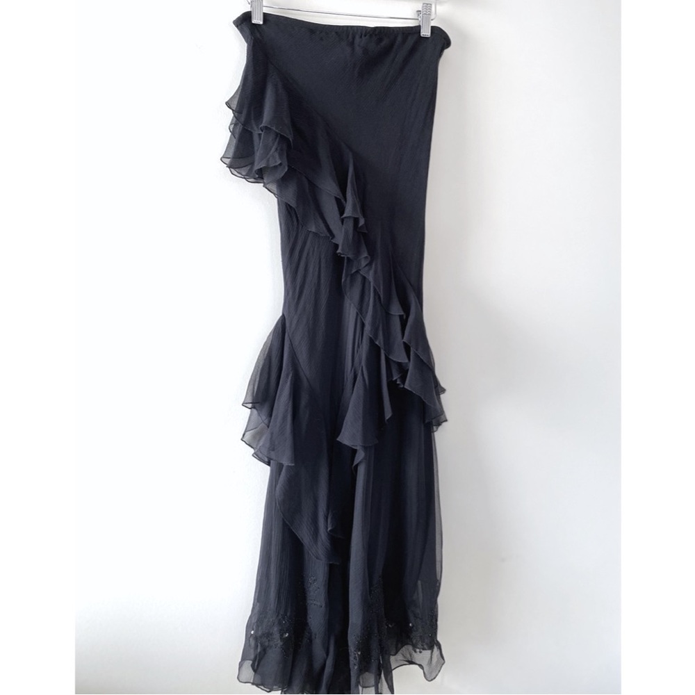 Vintage 100% Silk Strapless Ruffle Beaded Maxi Formal Dress, Black - Size XS - Picture 4 of 11